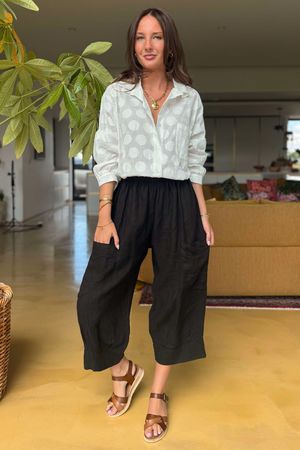 Made in Italy Pure Linen Classic 7/8 Pull On Pant Black